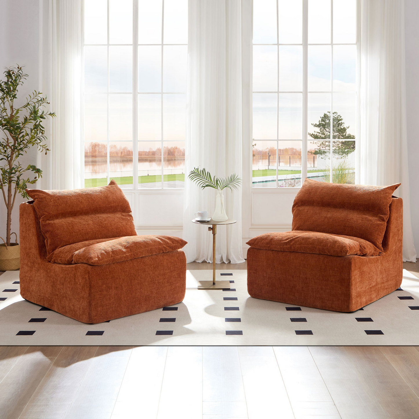 Accent Armless Chair Lazy Floor Seating, Single Chair Sofa Lounger Leisure Accent Single Couch with Backrest  for Living Room, Bedroom, Office, Single Seat, ORANGE