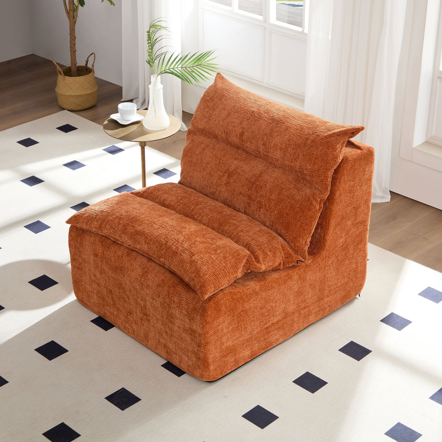 Accent Armless Chair Lazy Floor Seating, Single Chair Sofa Lounger Leisure Accent Single Couch with Backrest  for Living Room, Bedroom, Office, Single Seat, ORANGE