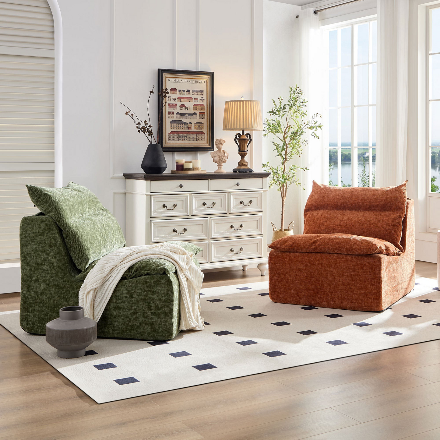 Accent Armless Chair Lazy Floor Seating, Single Chair Sofa Lounger Leisure Accent Single Couch with Backrest  for Living Room, Bedroom, Office, Single Seat, ORANGE