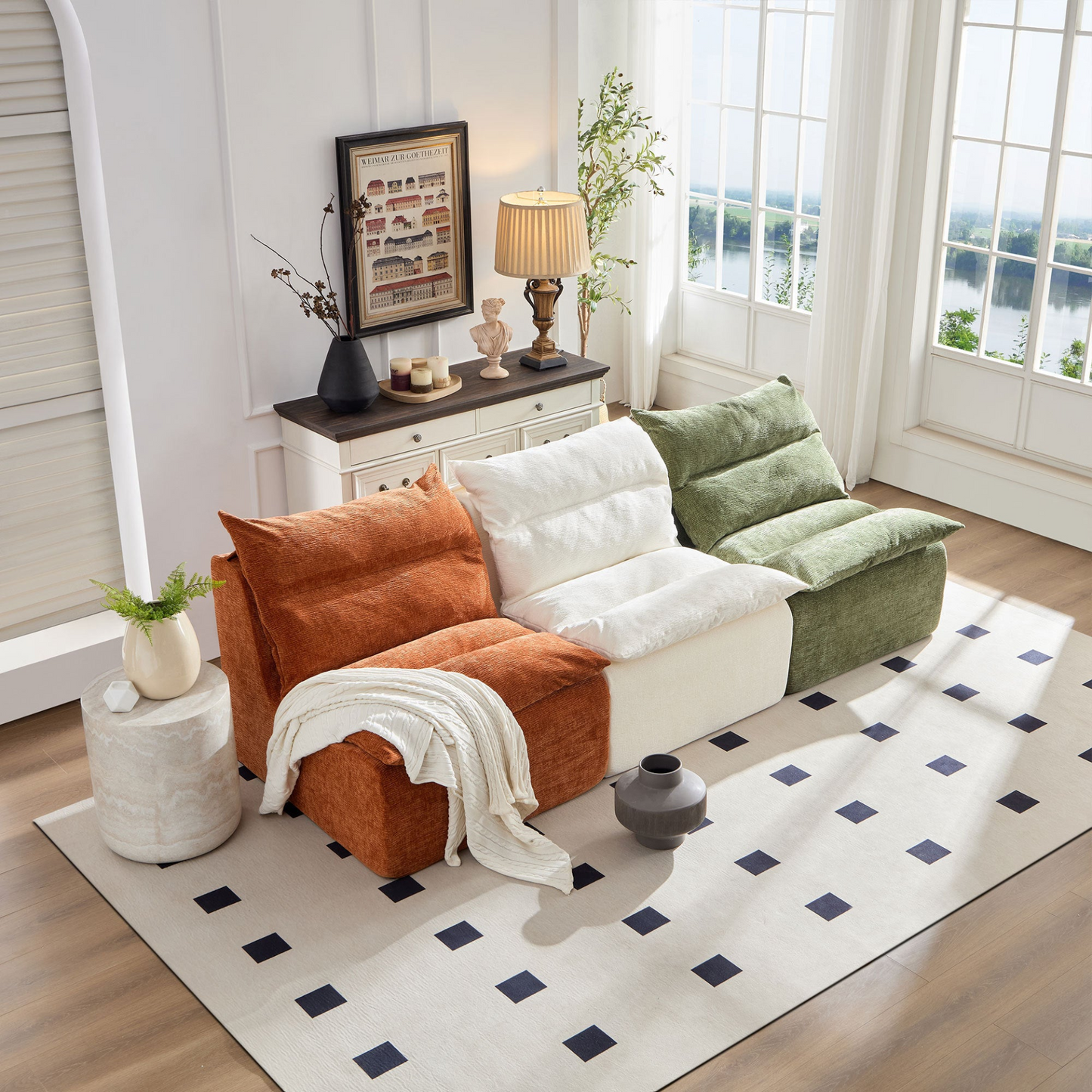 Accent Armless Chair Lazy Floor Seating, Single Chair Sofa Lounger Leisure Accent Single Couch with Backrest  for Living Room, Bedroom, Office, Single Seat, ORANGE