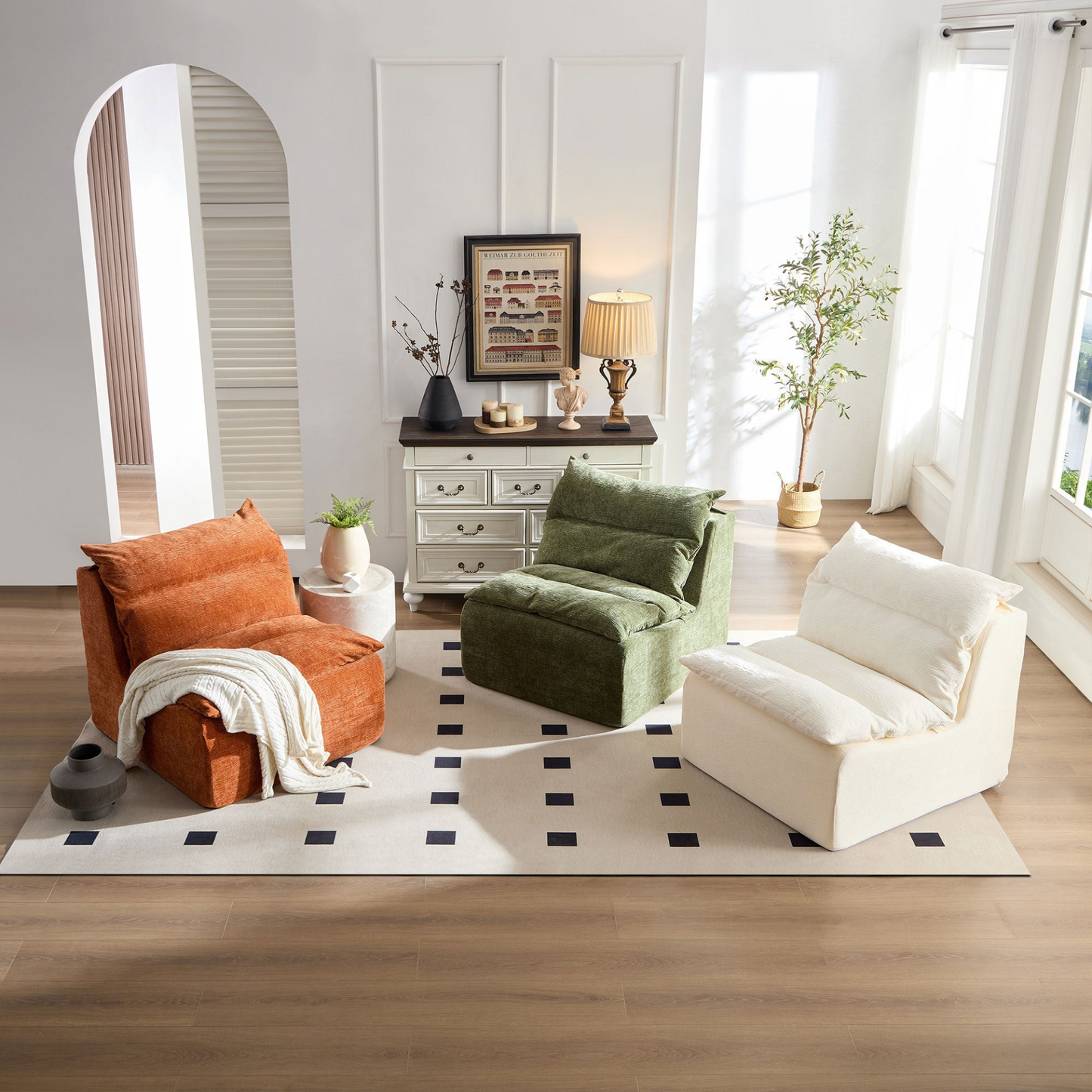 Accent Armless Chair Lazy Floor Seating, Single Chair Sofa Lounger Leisure Accent Single Couch with Backrest  for Living Room, Bedroom, Office, Single Seat, ORANGE