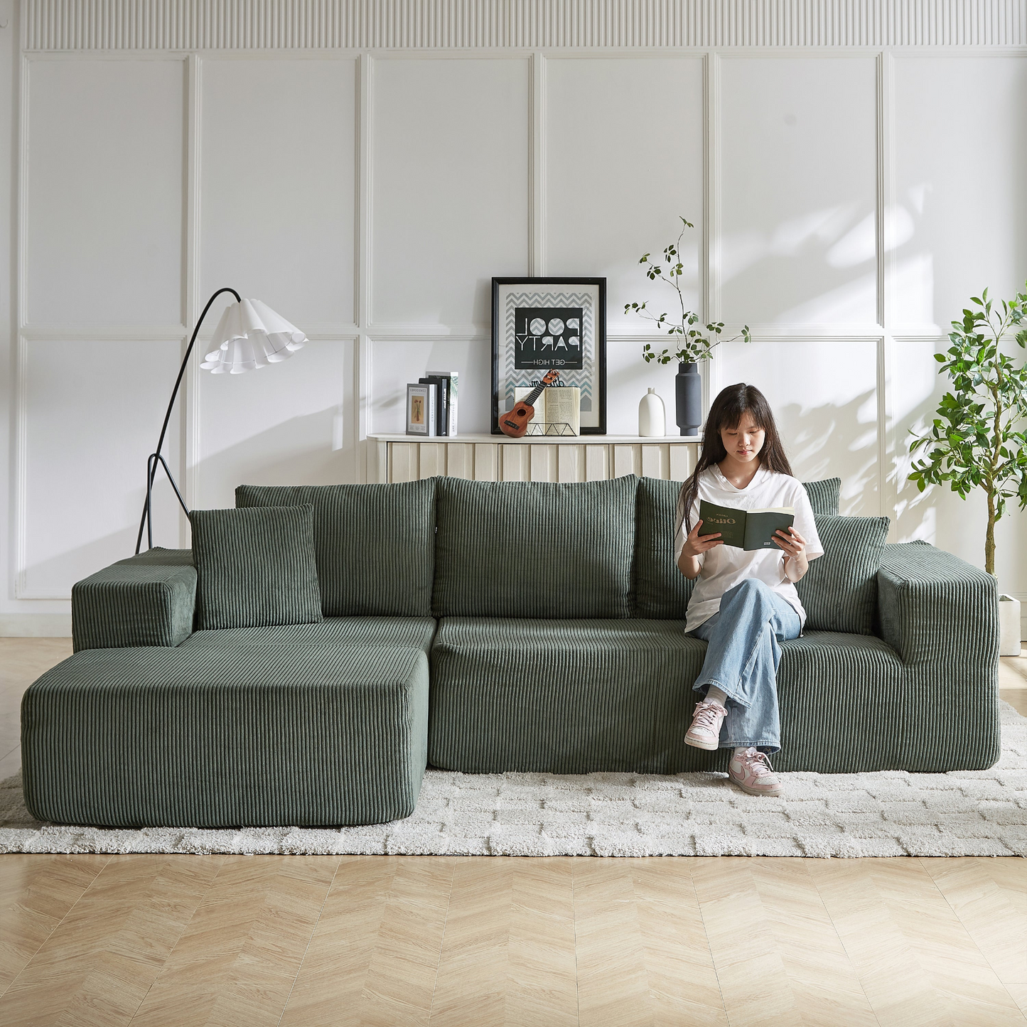 Modern Corduroy Upholstered Sectional Sofa Couch Set,Modular 108" L Shaped Sectional Living Room Sofa Set With 5 Pillows,Free Combination Sofa Couch for Living Room,Bedroom(Left Chaise)