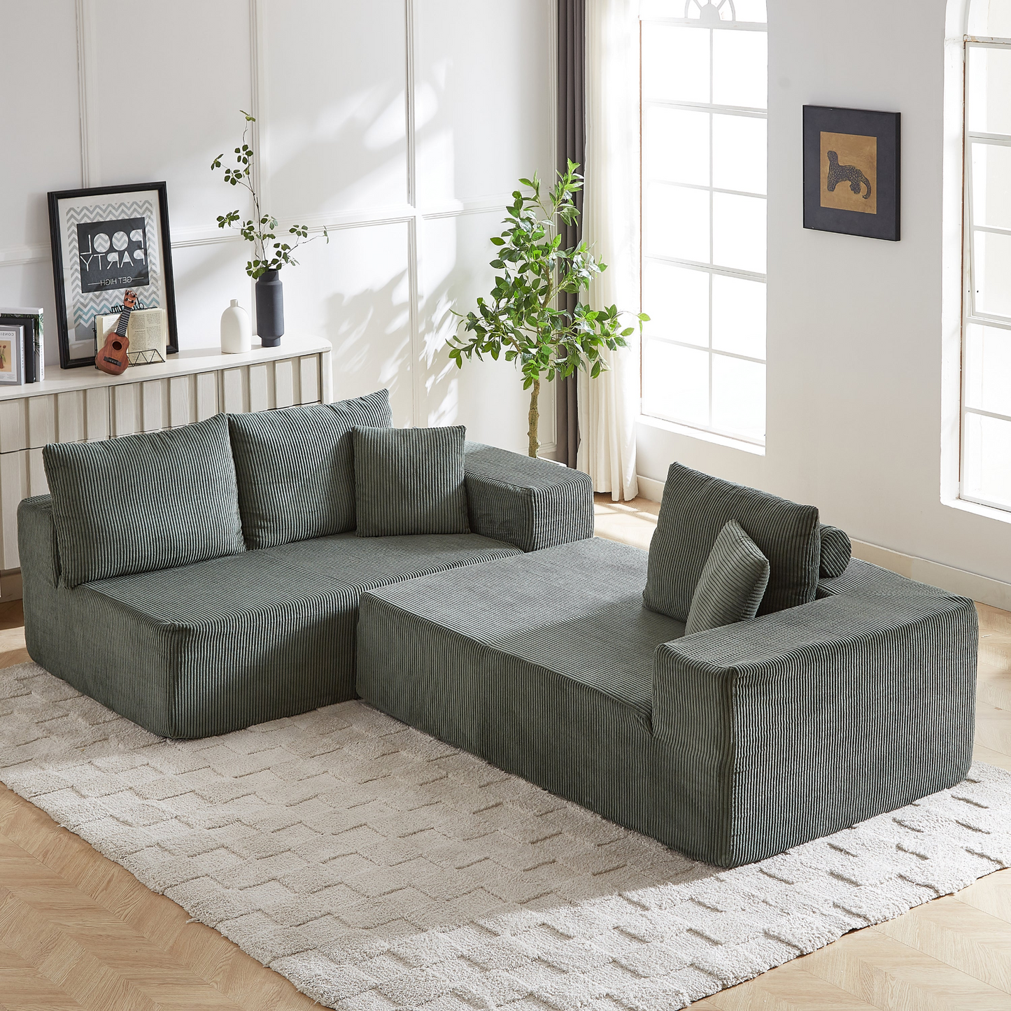 Modern Corduroy Upholstered Sectional Sofa Couch Set,Modular 108" L Shaped Sectional Living Room Sofa Set With 5 Pillows,Free Combination Sofa Couch for Living Room,Bedroom(Left Chaise)