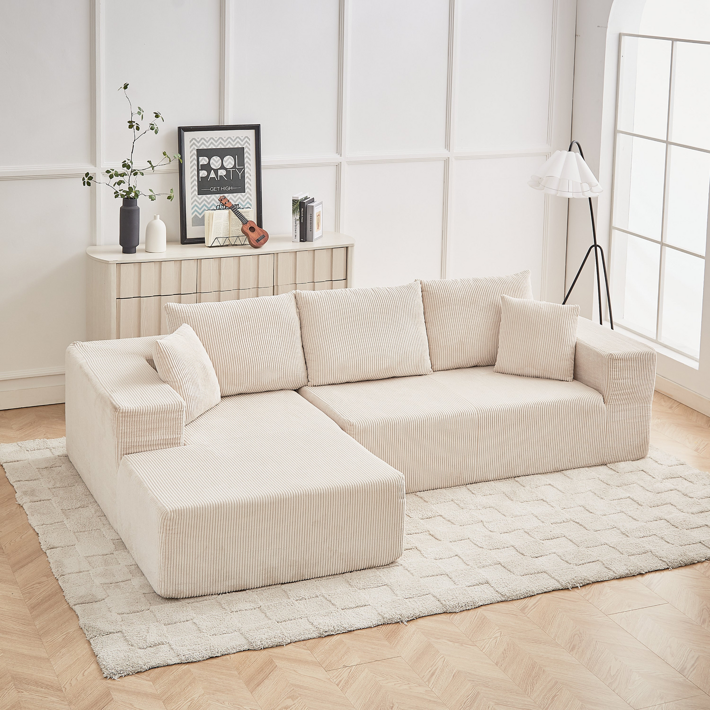 Modern Corduroy Upholstered Sectional Sofa Couch Set,Modular 108" L Shaped Sectional Living Room Sofa Set With 5 Pillows,Free Combination Sofa Couch for Living Room,Bedroom(Left Chaise)