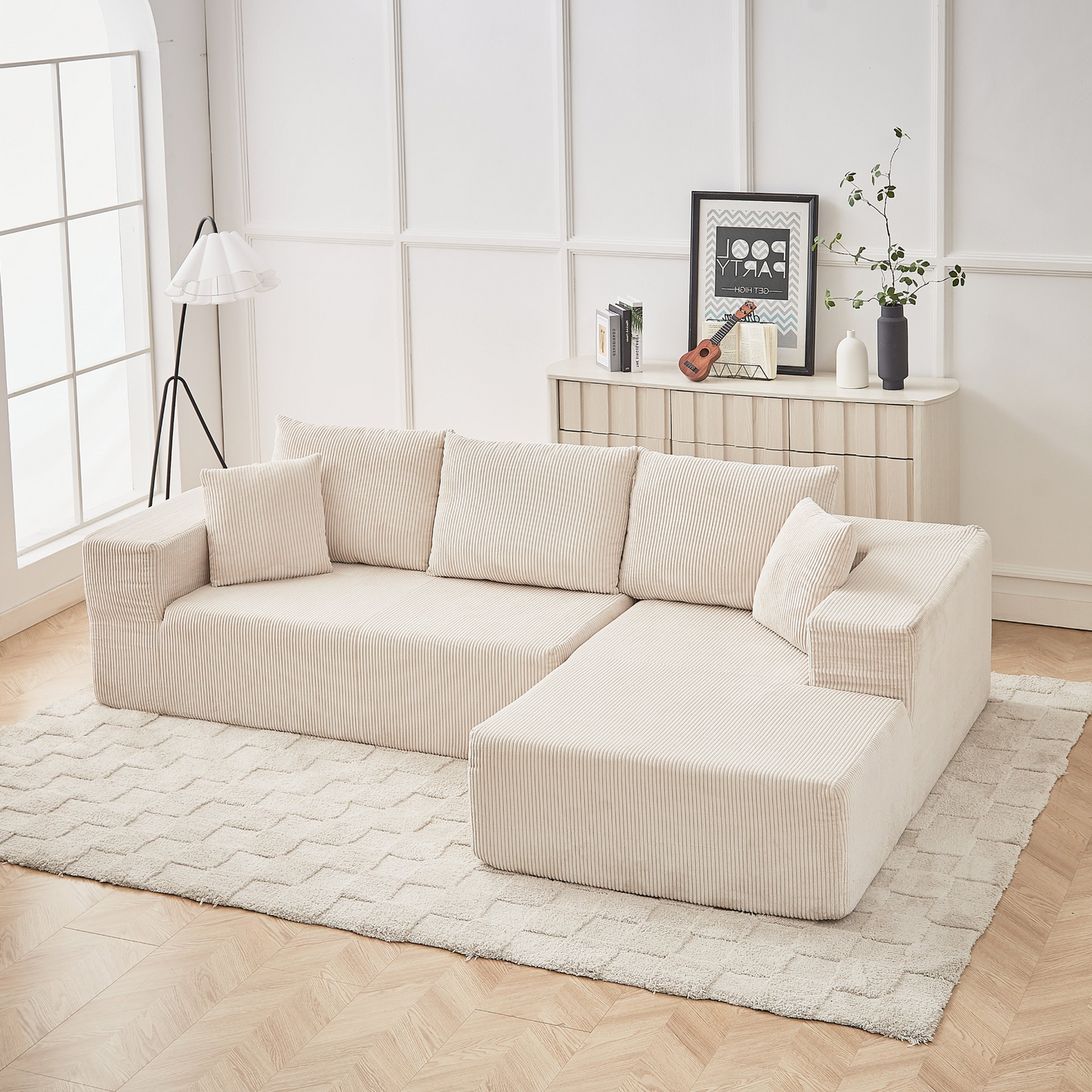 Modern Corduroy Upholstered Sectional Sofa Couch Set,Modular 108" L Shaped Sectional Living Room Sofa Set With 5 Pillows,Free Combination Sofa Couch for Living Room,Bedroom(Right Chaise)