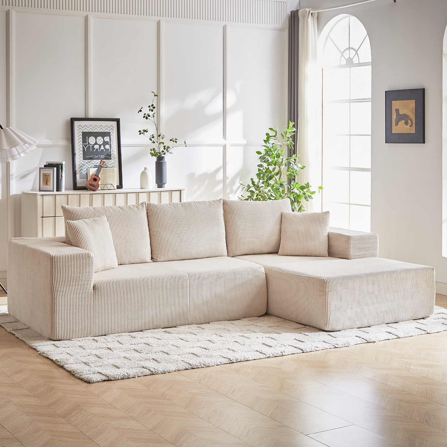 Modern Corduroy Upholstered Sectional Sofa Couch Set,Modular 108" L Shaped Sectional Living Room Sofa Set With 5 Pillows,Free Combination Sofa Couch for Living Room,Bedroom(Right Chaise)