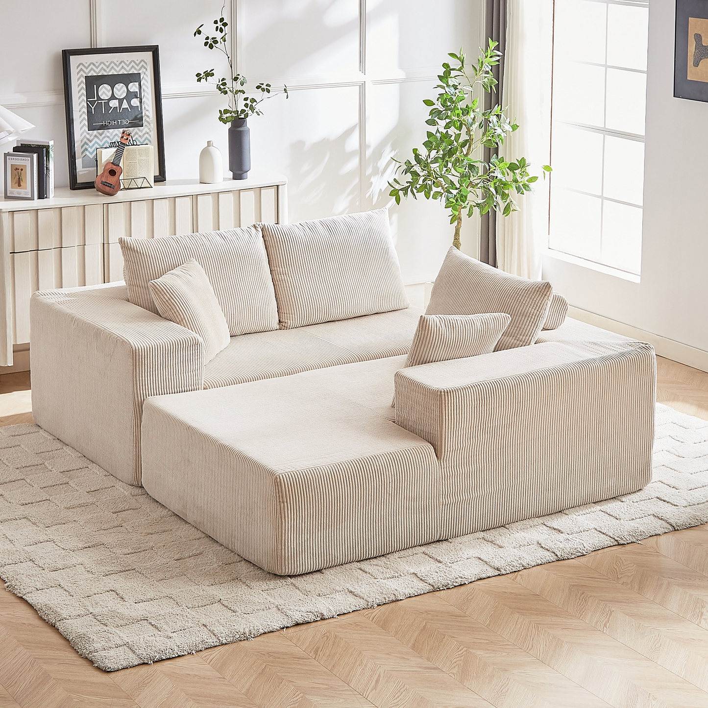 Modern Corduroy Upholstered Sectional Sofa Couch Set,Modular 108" L Shaped Sectional Living Room Sofa Set With 5 Pillows,Free Combination Sofa Couch for Living Room,Bedroom(Right Chaise)