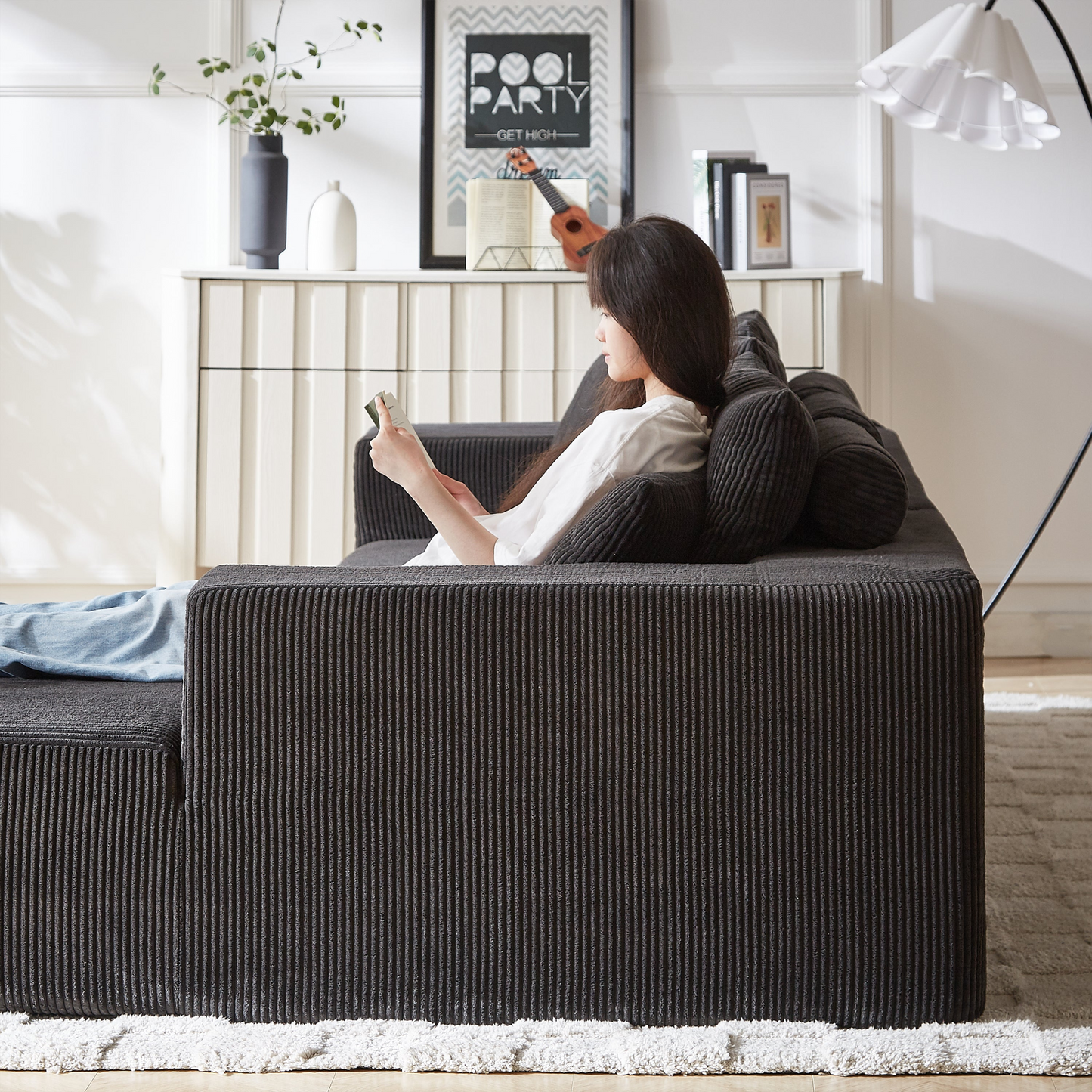 Modern Corduroy Upholstered Sectional Sofa Couch Set,Modular 108" L Shaped Sectional Living Room Sofa Set With 5 Pillows,Free Combination Sofa Couch for Living Room,Bedroom(Right Chaise)