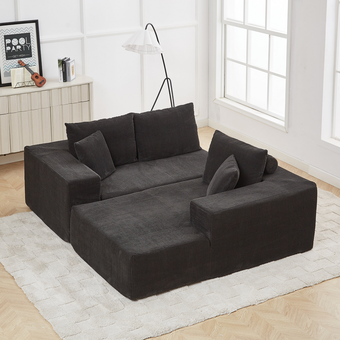 Modern Corduroy Upholstered Sectional Sofa Couch Set,Modular 108" L Shaped Sectional Living Room Sofa Set With 5 Pillows,Free Combination Sofa Couch for Living Room,Bedroom(Right Chaise)