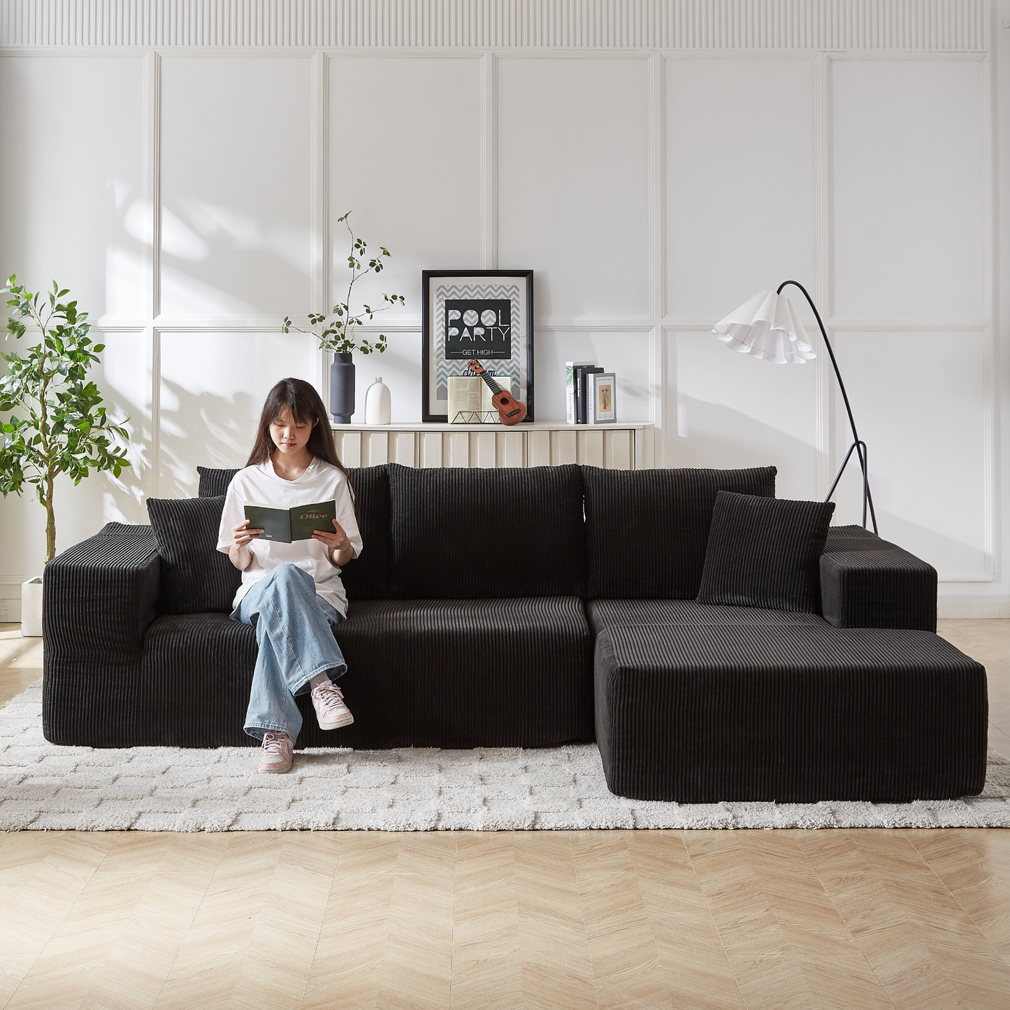Modern Corduroy Upholstered Sectional Sofa Couch Set,Modular 108" L Shaped Sectional Living Room Sofa Set With 5 Pillows,Free Combination Sofa Couch for Living Room,Bedroom(Right Chaise)