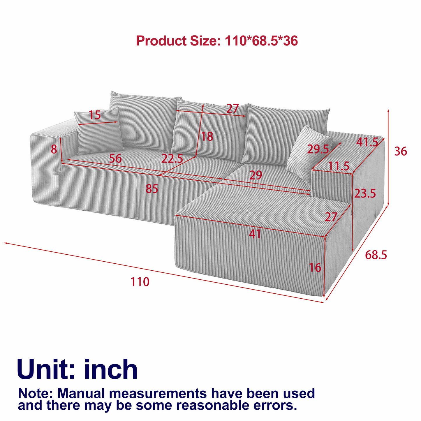 Modern Corduroy Upholstered Sectional Sofa Couch Set,Modular 108" L Shaped Sectional Living Room Sofa Set With 5 Pillows,Free Combination Sofa Couch for Living Room,Bedroom(Right Chaise)