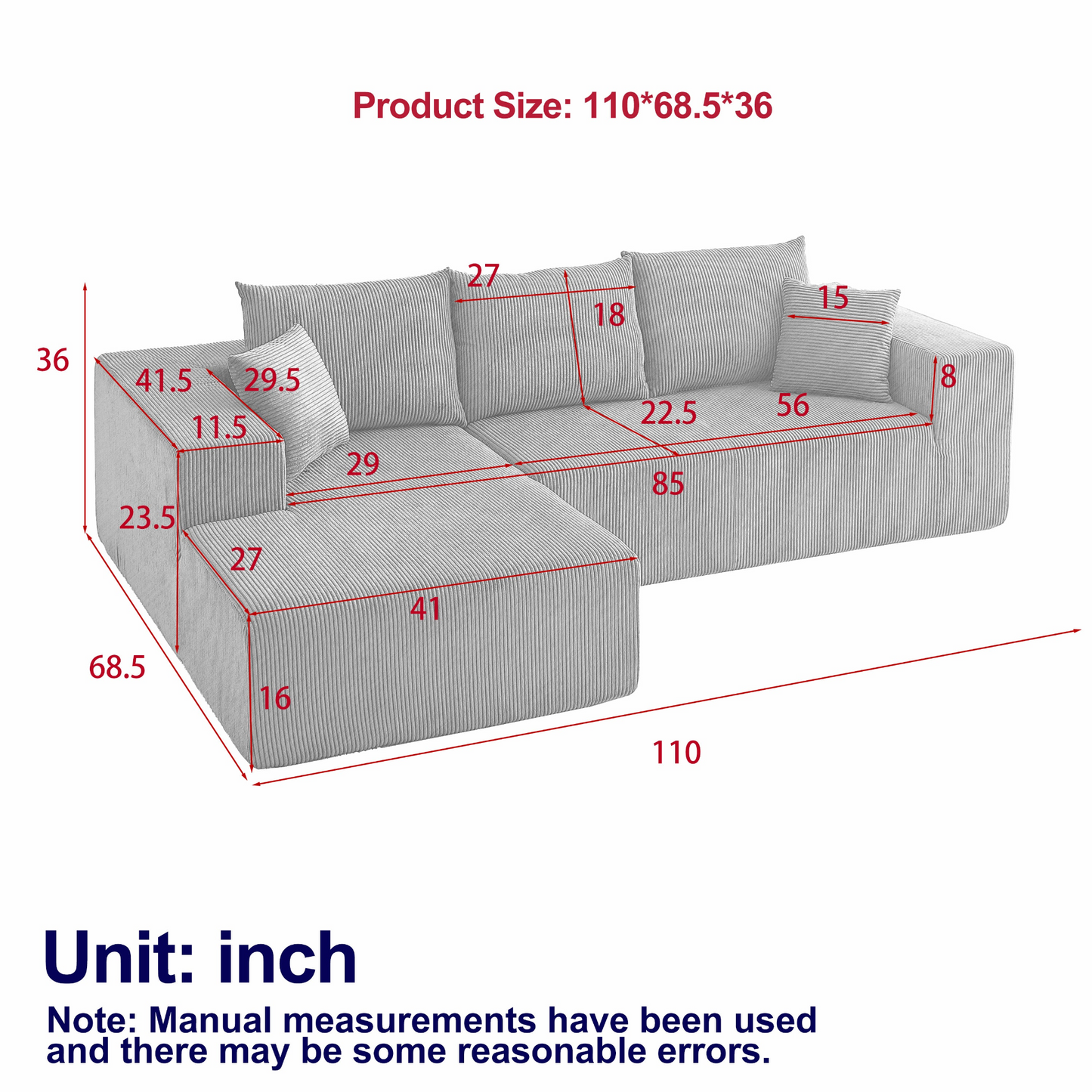 Modern Corduroy Upholstered Sectional Sofa Couch Set,Modular 108" L Shaped Sectional Living Room Sofa Set With 5 Pillows,Free Combination Sofa Couch for Living Room,Bedroom(Left Chaise)