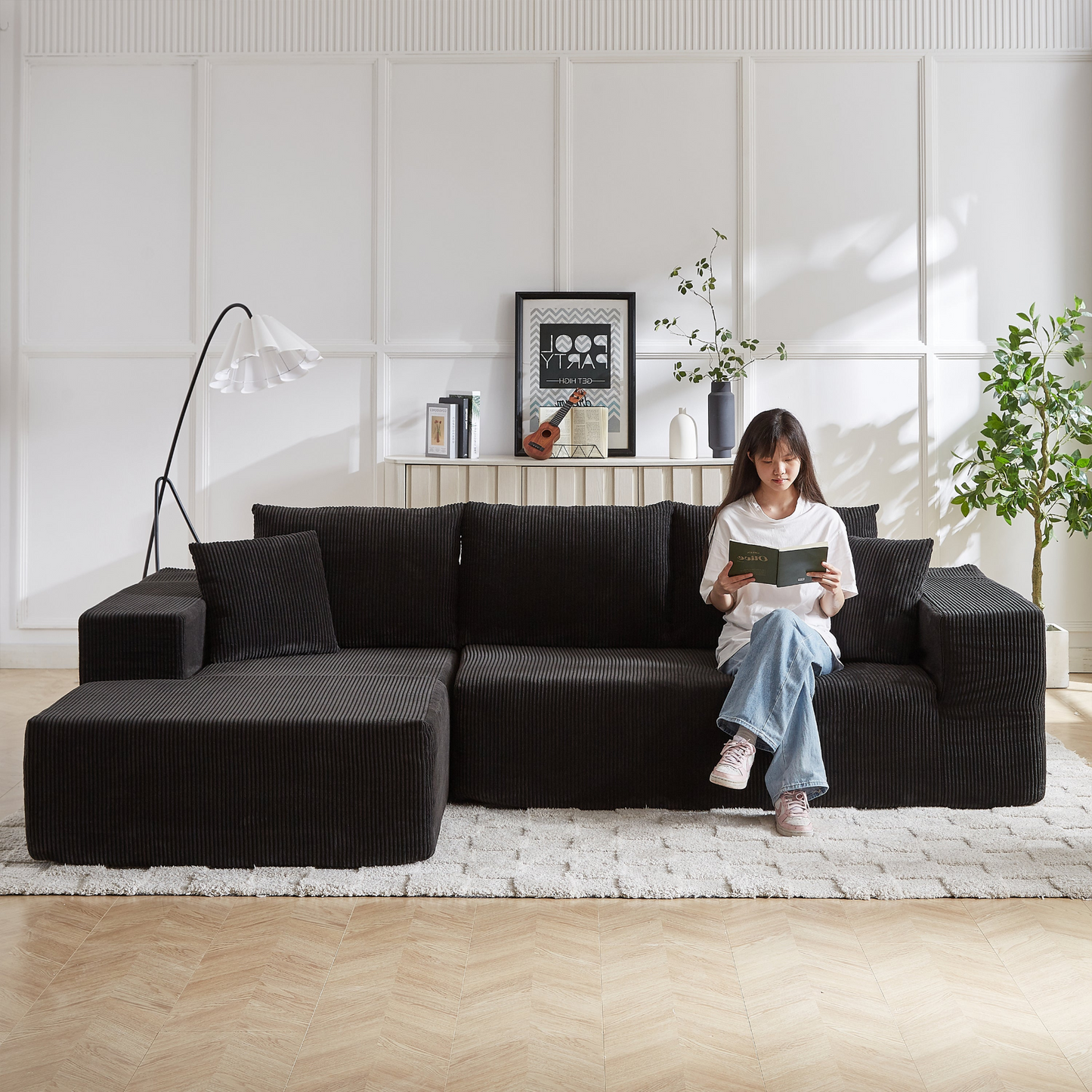 Modern Corduroy Upholstered Sectional Sofa Couch Set,Modular 108" L Shaped Sectional Living Room Sofa Set With 5 Pillows,Free Combination Sofa Couch for Living Room,Bedroom(Left Chaise)