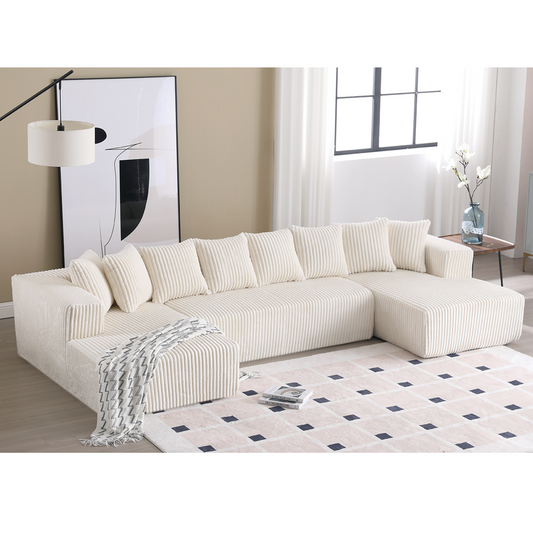 131'' Modular Sectional Couch, U-shaped sofa , Chaise Lounge, Striped fabric,Upholstered 4 Seater Couch for Living Room, Bedroom, Free Combination Sofa (Corduroy),White