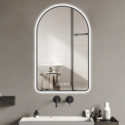28"x48"Arched LED Mirror for Bathroom,Time and temperature display, Backlight, Anti-Fog, Dimmable, with Three Color Temperatures- Modern Vanity Light Mirror,  Perfect for over Sink,Black Frame
