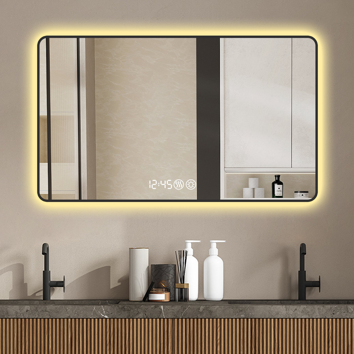 48x32 Black frame with rounded corners vanity mirror, temperature display, tri color light, defogging, high-quality aluminum alloy frame, high-definition tempered glass