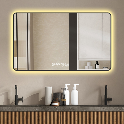 48x32 Black frame with rounded corners vanity mirror, temperature display, tri color light, defogging, high-quality aluminum alloy frame, high-definition tempered glass
