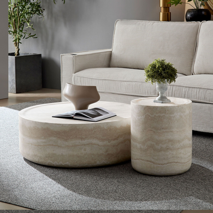 Set of 2 Faux MARS Pattern Coffee Tables side Table Round Tea Faux Travertine Textured  table for Living Room, No Need Assembly.
