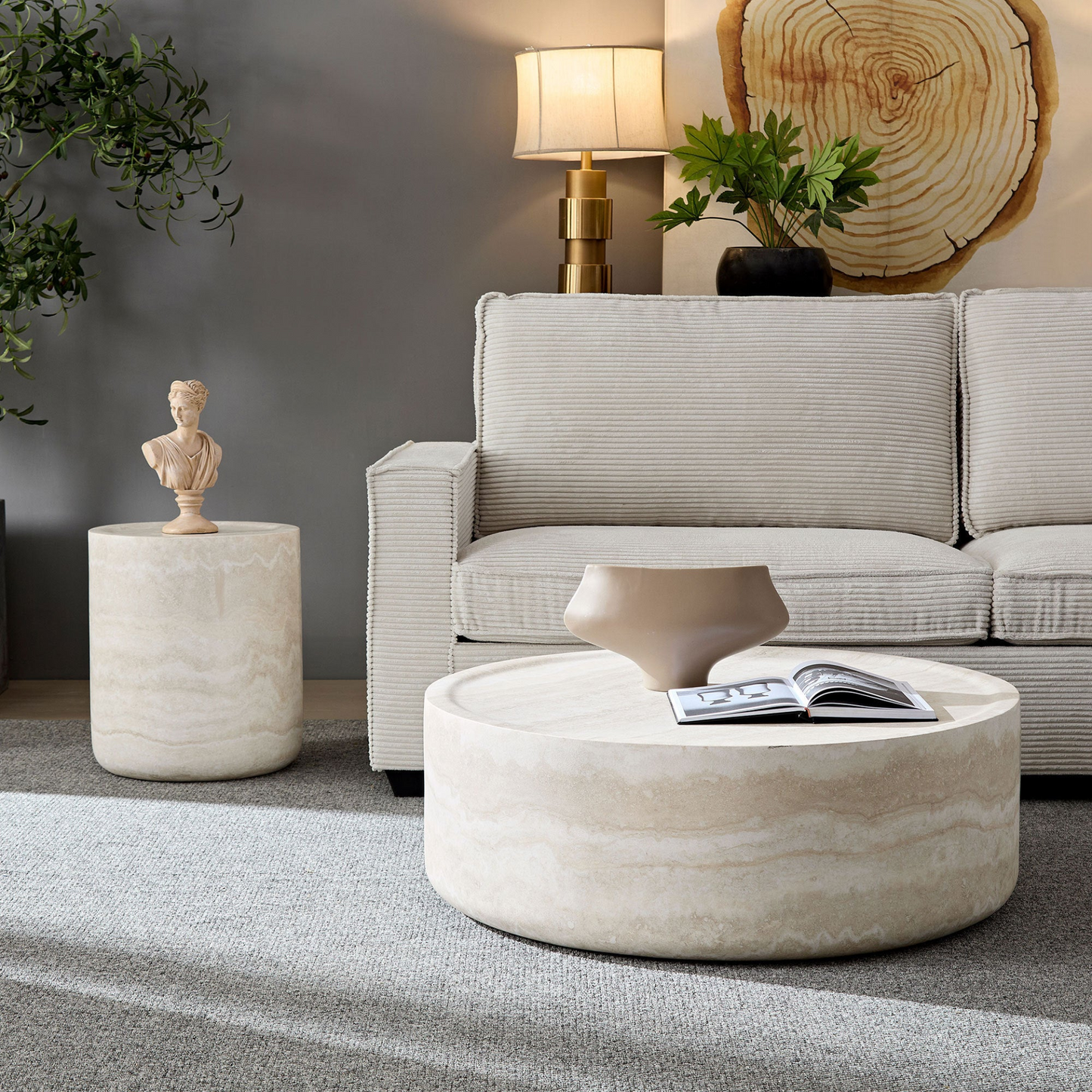 Set of 2 Faux MARS Pattern Coffee Tables side Table Round Tea Faux Travertine Textured  table for Living Room, No Need Assembly.