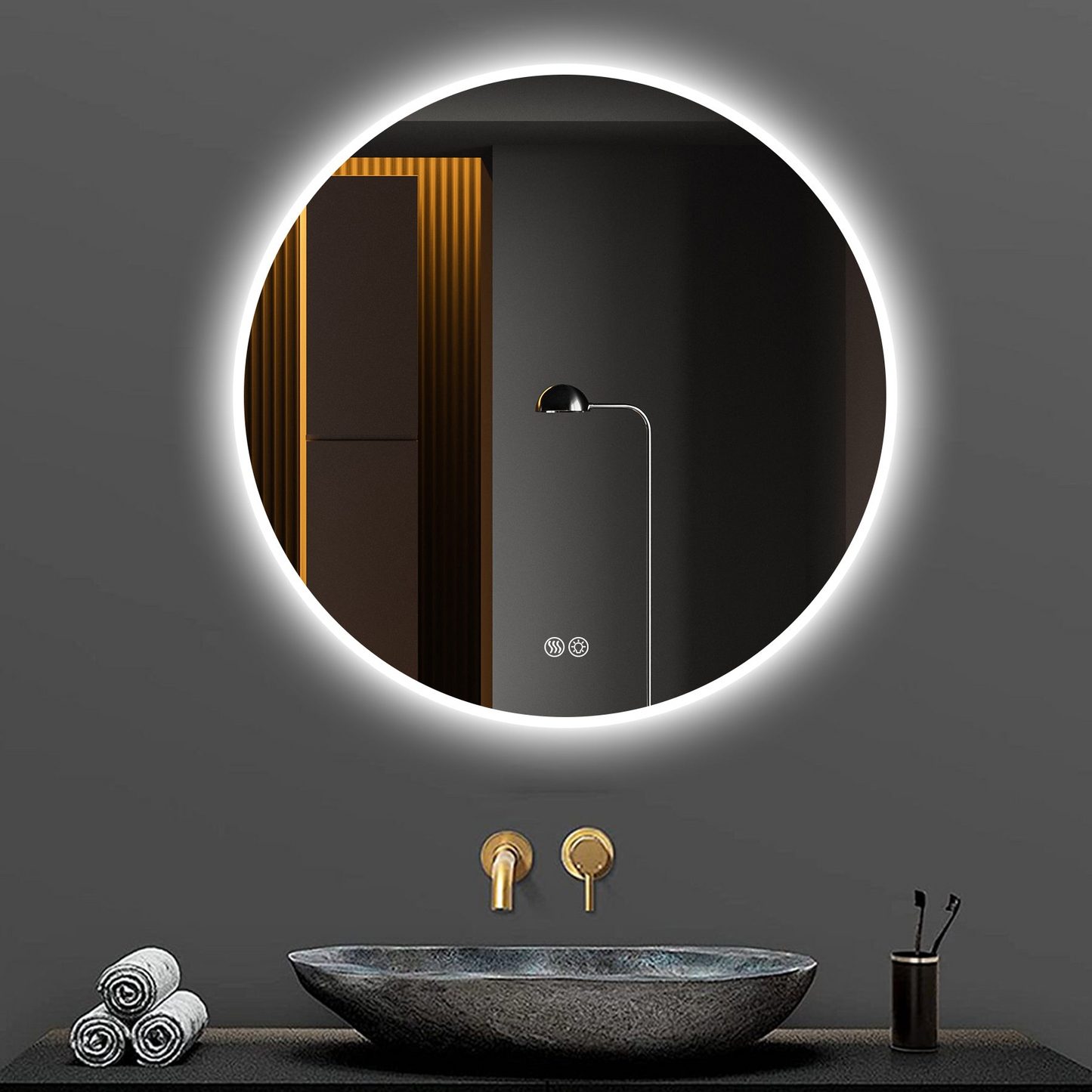 32'' LED Round Wall-Mounted Mirror, Anti-Fog, 3 Color Temperature Adjustable & Dimmable Light, Makeup Mirror for Bedroom & Bathroom, Smart Mirror for Modern Home Decor