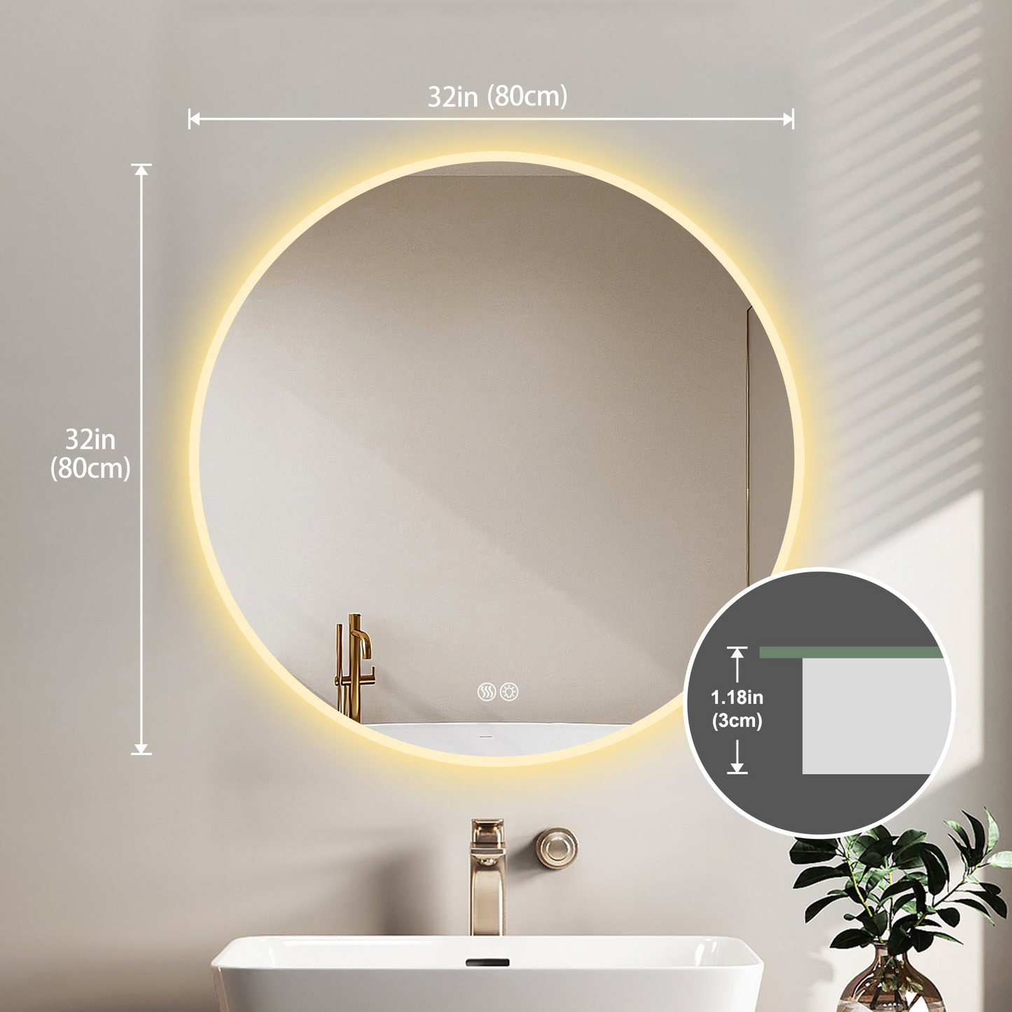 32'' LED Round Wall-Mounted Mirror, Anti-Fog, 3 Color Temperature Adjustable & Dimmable Light, Makeup Mirror for Bedroom & Bathroom, Smart Mirror for Modern Home Decor