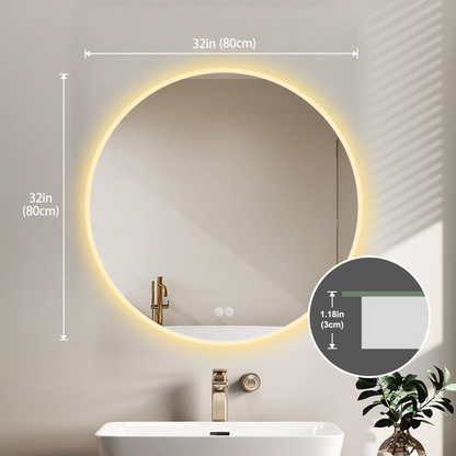 32'' LED Round Wall-Mounted Mirror, Anti-Fog, 3 Color Temperature Adjustable & Dimmable Light, Makeup Mirror for Bedroom & Bathroom, Smart Mirror for Modern Home Decor