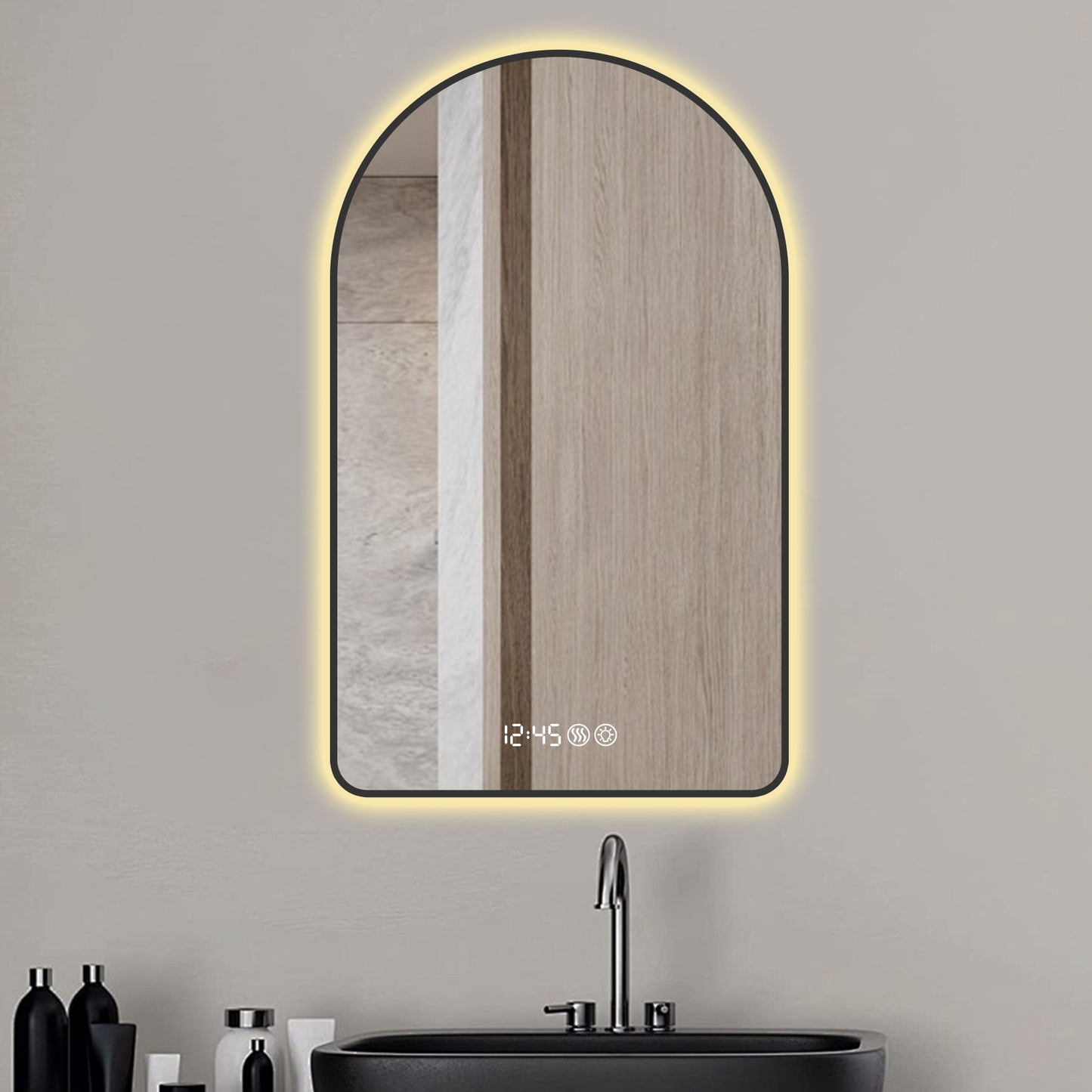 28"x48"Arched LED Mirror for Bathroom,Time and temperature display, Backlight, Anti-Fog, Dimmable, with Three Color Temperatures- Modern Vanity Light Mirror,  Perfect for over Sink,Black Frame