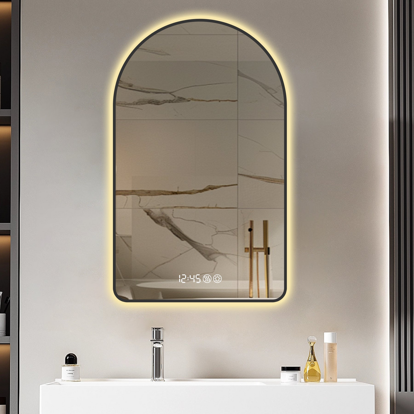 28"x48"Arched LED Mirror for Bathroom,Time and temperature display, Backlight, Anti-Fog, Dimmable, with Three Color Temperatures- Modern Vanity Light Mirror,  Perfect for over Sink,Black Frame