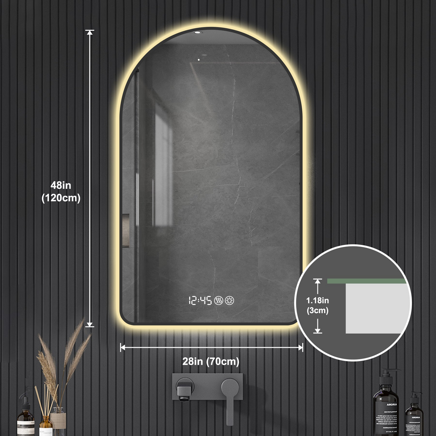 28"x48"Arched LED Mirror for Bathroom,Time and temperature display, Backlight, Anti-Fog, Dimmable, with Three Color Temperatures- Modern Vanity Light Mirror,  Perfect for over Sink,Black Frame