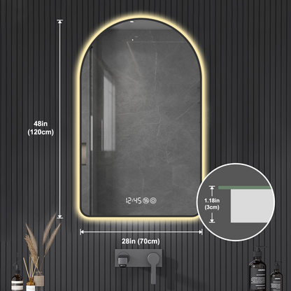 28"x48"Arched LED Mirror for Bathroom,Time and temperature display, Backlight, Anti-Fog, Dimmable, with Three Color Temperatures- Modern Vanity Light Mirror,  Perfect for over Sink,Black Frame