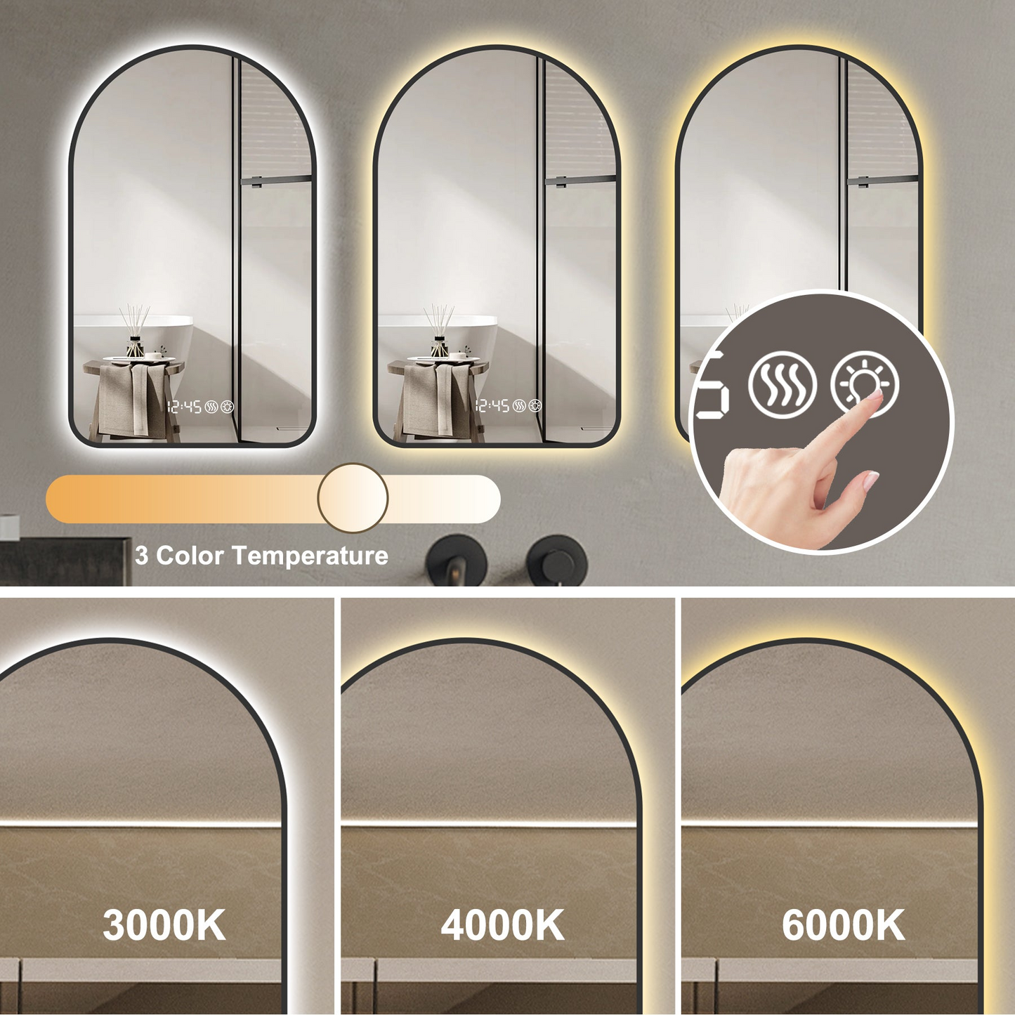 28"x48"Arched LED Mirror for Bathroom,Time and temperature display, Backlight, Anti-Fog, Dimmable, with Three Color Temperatures- Modern Vanity Light Mirror,  Perfect for over Sink,Black Frame