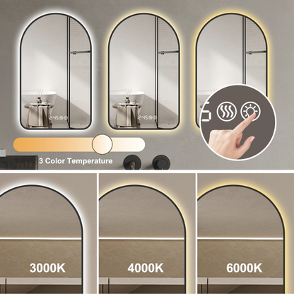 28"x48"Arched LED Mirror for Bathroom,Time and temperature display, Backlight, Anti-Fog, Dimmable, with Three Color Temperatures- Modern Vanity Light Mirror,  Perfect for over Sink,Black Frame