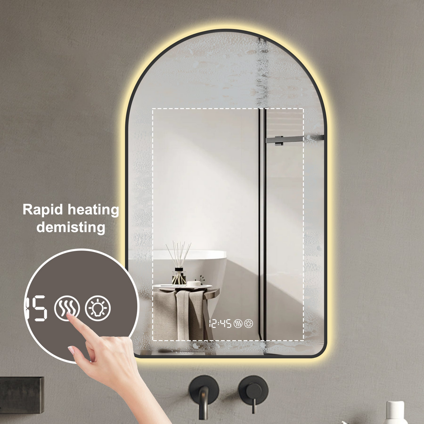 28"x48"Arched LED Mirror for Bathroom,Time and temperature display, Backlight, Anti-Fog, Dimmable, with Three Color Temperatures- Modern Vanity Light Mirror,  Perfect for over Sink,Black Frame