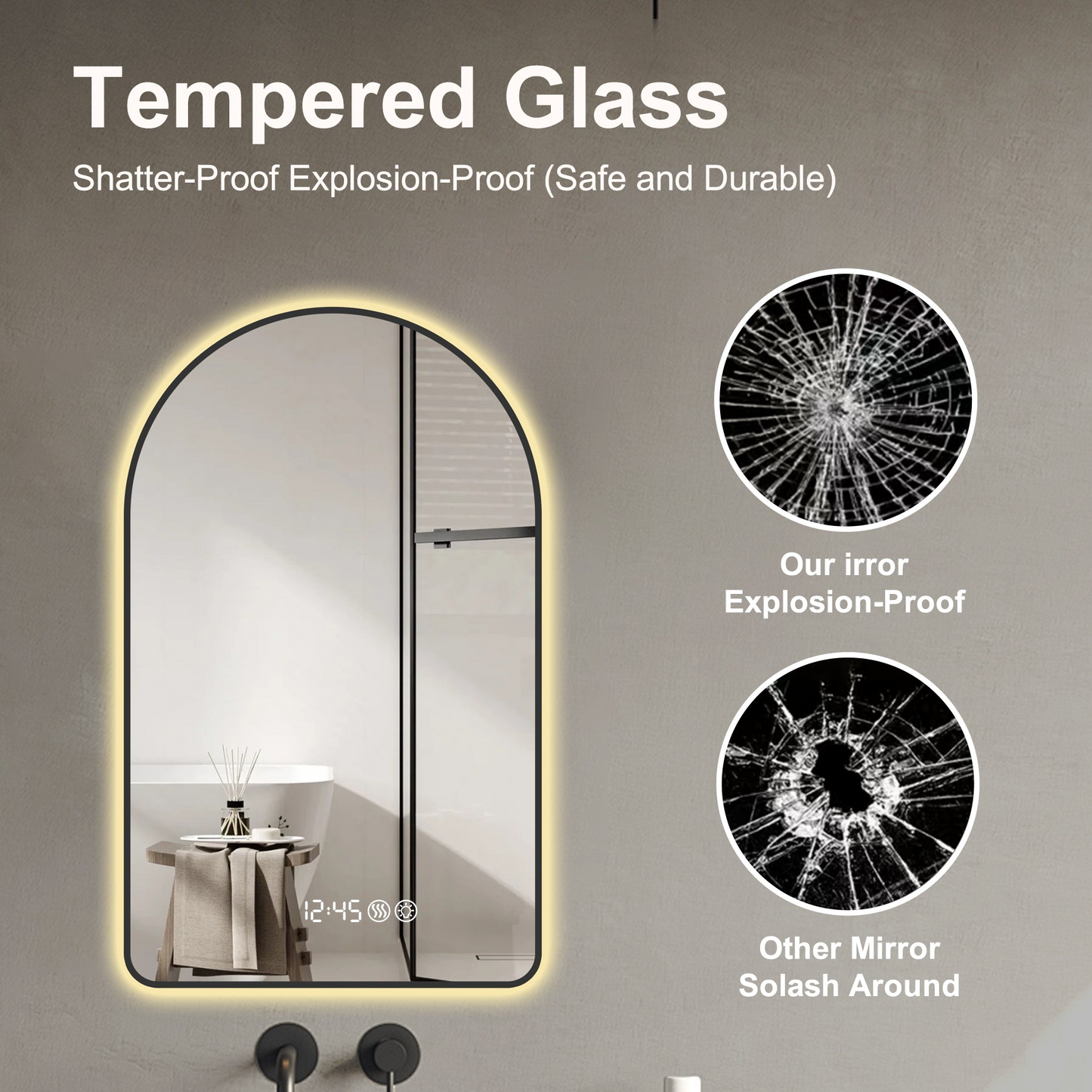 28"x48"Arched LED Mirror for Bathroom,Time and temperature display, Backlight, Anti-Fog, Dimmable, with Three Color Temperatures- Modern Vanity Light Mirror,  Perfect for over Sink,Black Frame