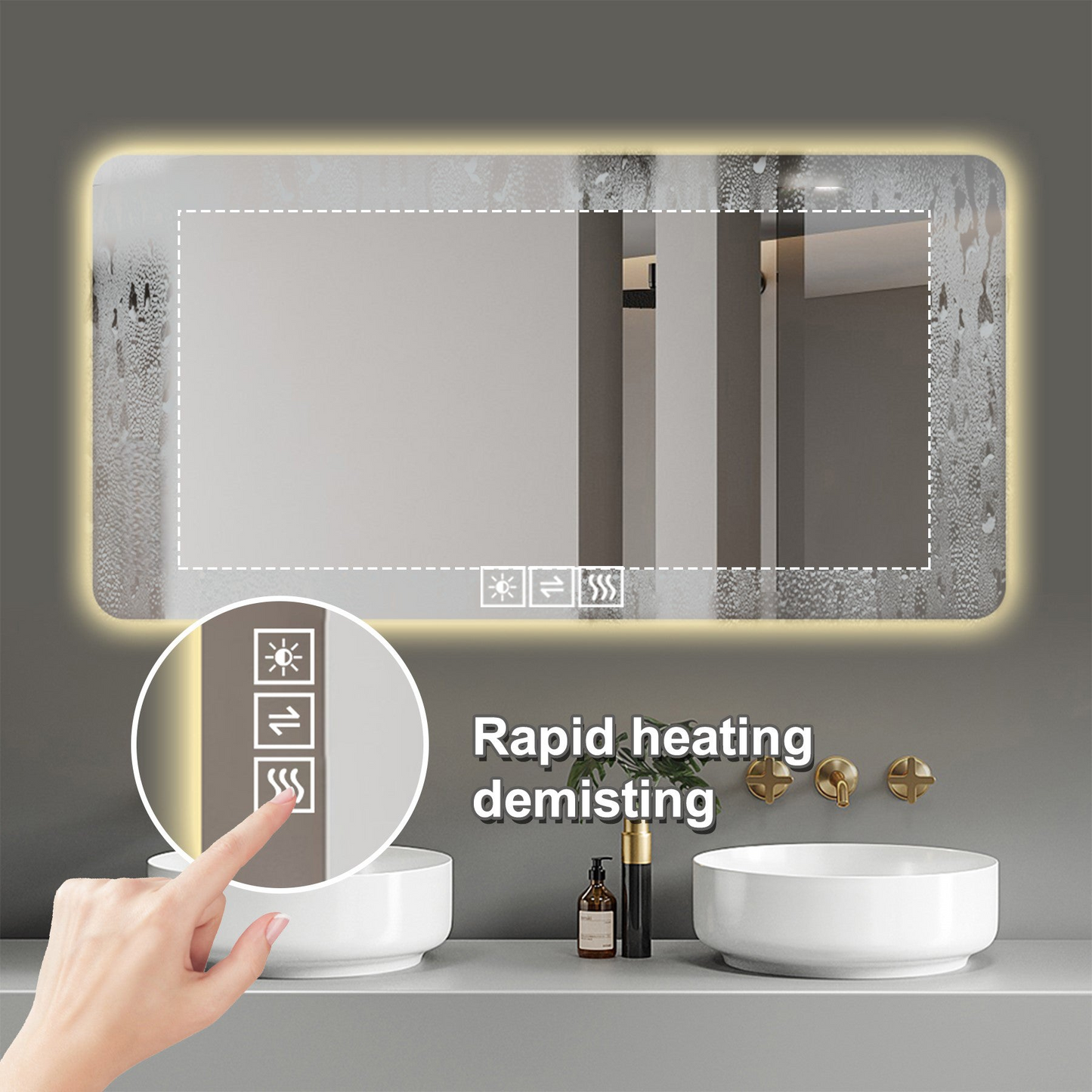 28*60in  LED bathroom mirror, corrosion-resistant, three-color dimmable, backlit mirror with one-touch demist function