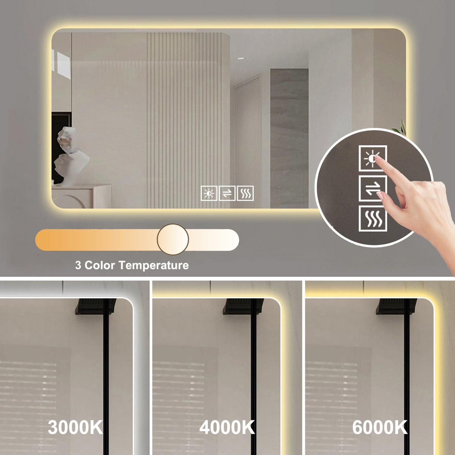28*60in  LED bathroom mirror, corrosion-resistant, three-color dimmable, backlit mirror with one-touch demist function