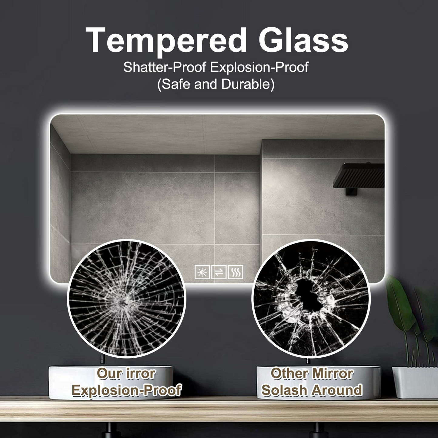 28*60in  LED bathroom mirror, corrosion-resistant, three-color dimmable, backlit mirror with one-touch demist function
