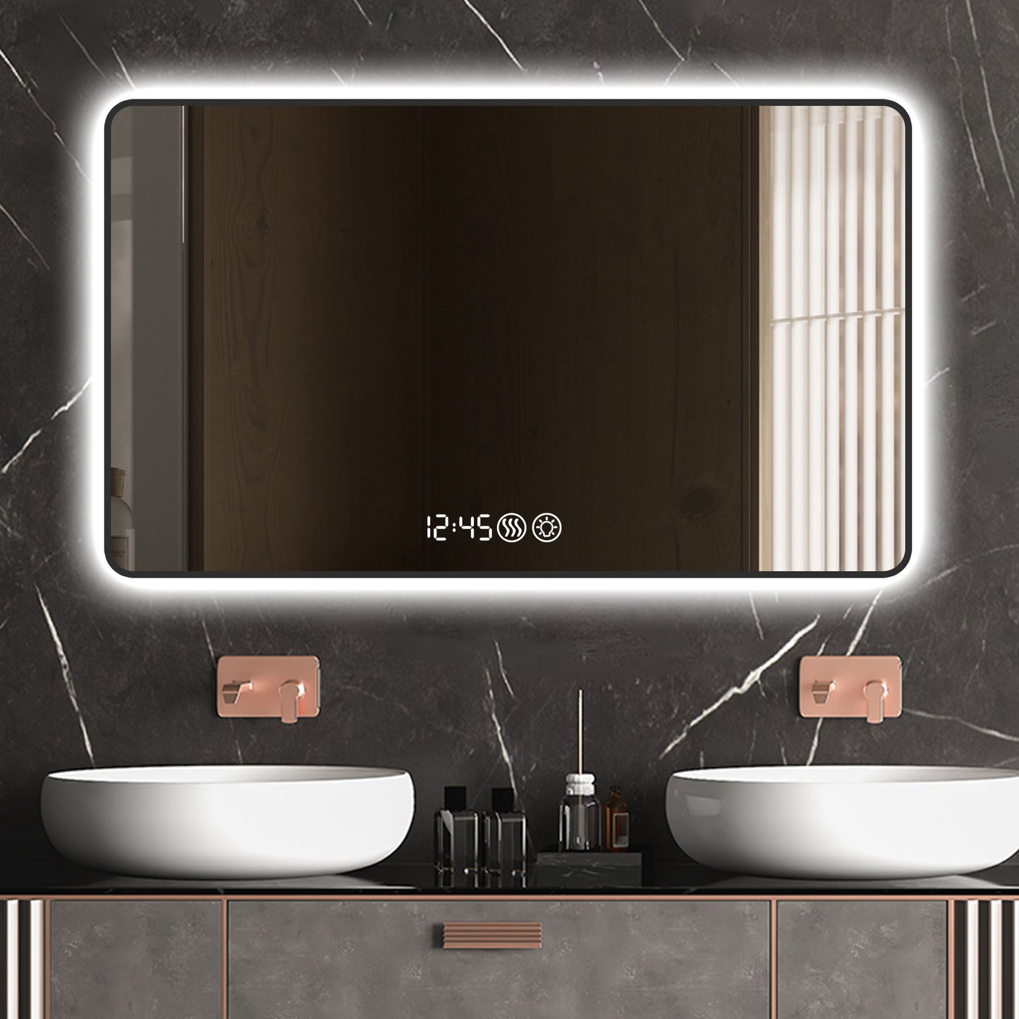 48x32 Black frame with rounded corners vanity mirror, temperature display, tri color light, defogging, high-quality aluminum alloy frame, high-definition tempered glass