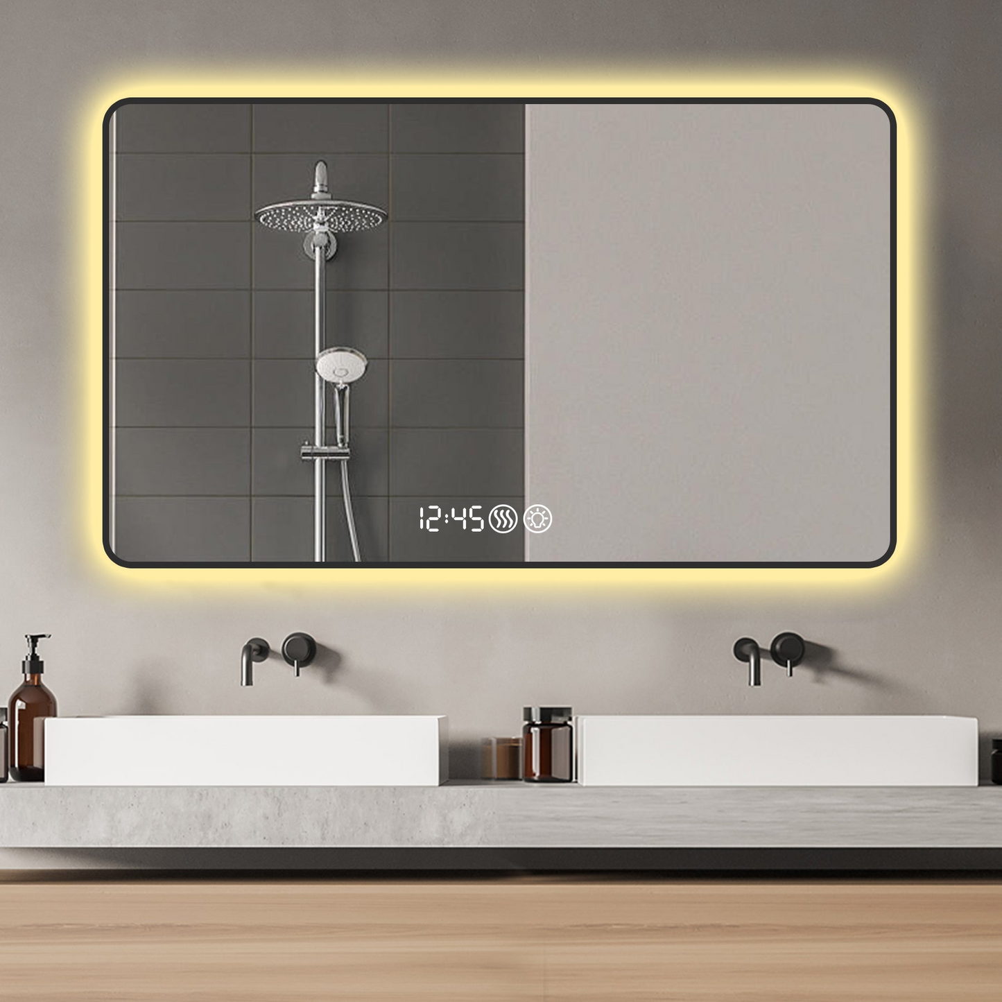48x32 Black frame with rounded corners vanity mirror, temperature display, tri color light, defogging, high-quality aluminum alloy frame, high-definition tempered glass