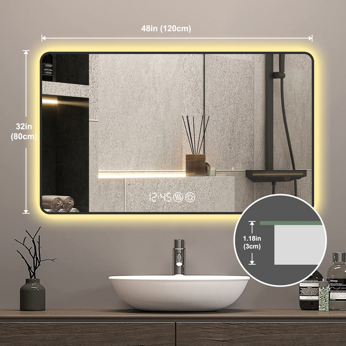 48x32 Black frame with rounded corners vanity mirror, temperature display, tri color light, defogging, high-quality aluminum alloy frame, high-definition tempered glass