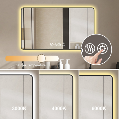 48x32 Black frame with rounded corners vanity mirror, temperature display, tri color light, defogging, high-quality aluminum alloy frame, high-definition tempered glass