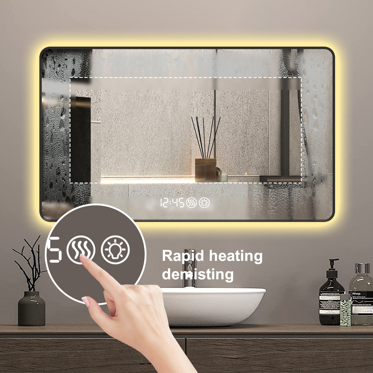 48x32 Black frame with rounded corners vanity mirror, temperature display, tri color light, defogging, high-quality aluminum alloy frame, high-definition tempered glass