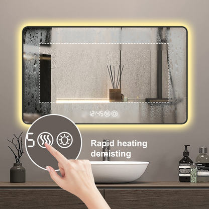 48x32 Black frame with rounded corners vanity mirror, temperature display, tri color light, defogging, high-quality aluminum alloy frame, high-definition tempered glass