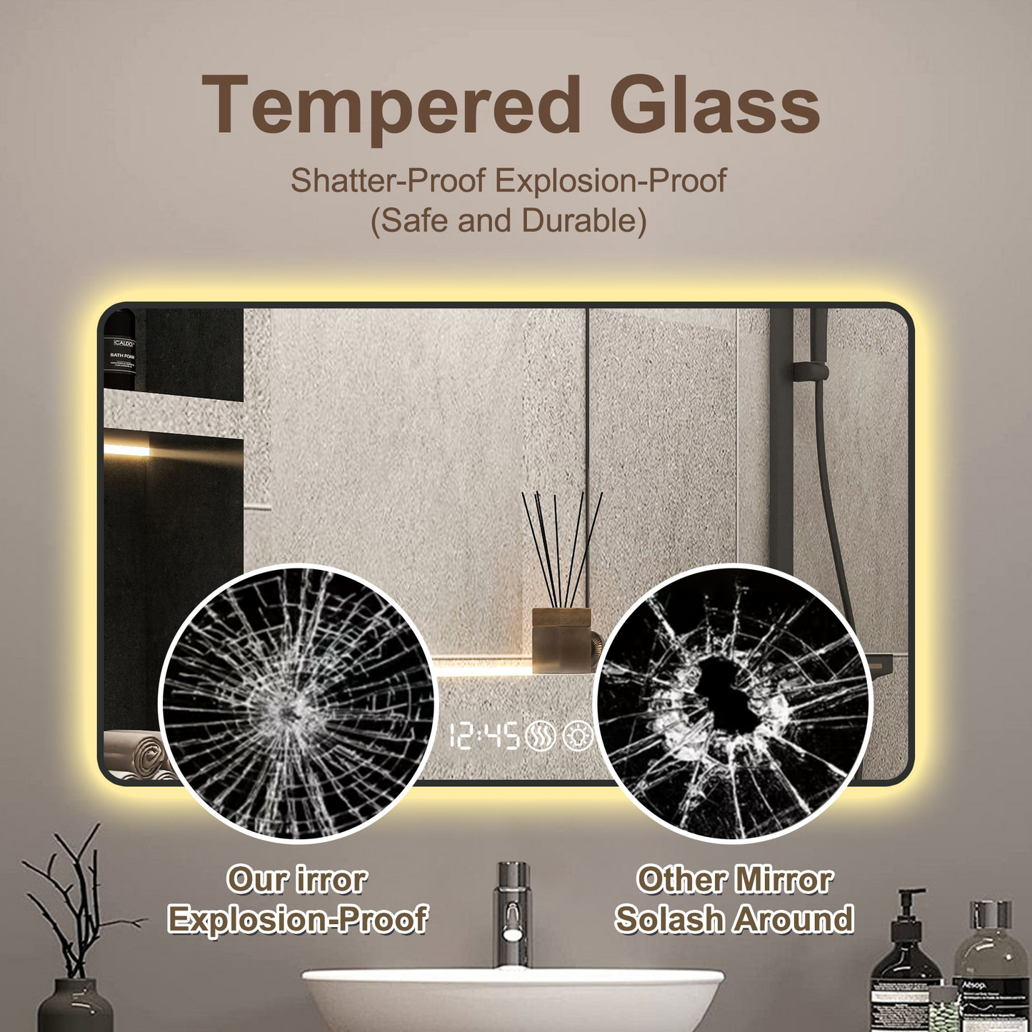 48x32 Black frame with rounded corners vanity mirror, temperature display, tri color light, defogging, high-quality aluminum alloy frame, high-definition tempered glass