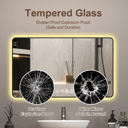 48x32 Black frame with rounded corners vanity mirror, temperature display, tri color light, defogging, high-quality aluminum alloy frame, high-definition tempered glass
