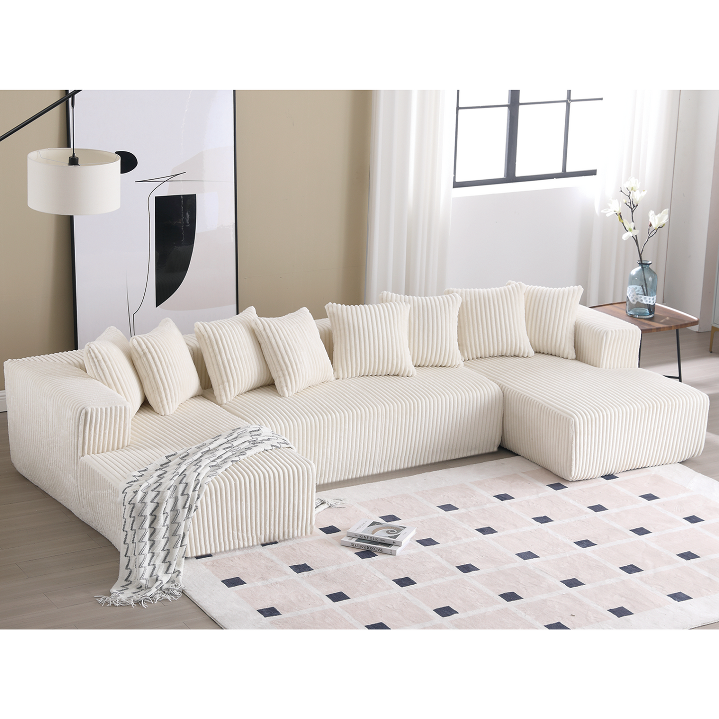 131'' Modular Sectional Couch, U-shaped sofa , Chaise Lounge, Striped fabric,Upholstered 4 Seater Couch for Living Room, Bedroom, Free Combination Sofa (Corduroy),White