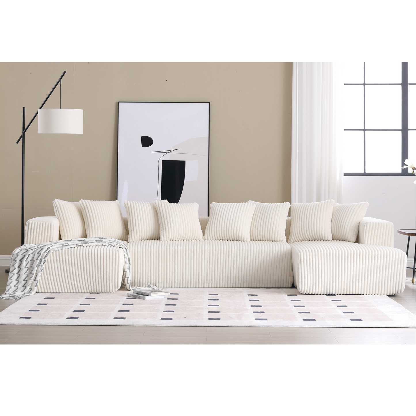 131'' Modular Sectional Couch, U-shaped sofa , Chaise Lounge, Striped fabric,Upholstered 4 Seater Couch for Living Room, Bedroom, Free Combination Sofa (Corduroy),White