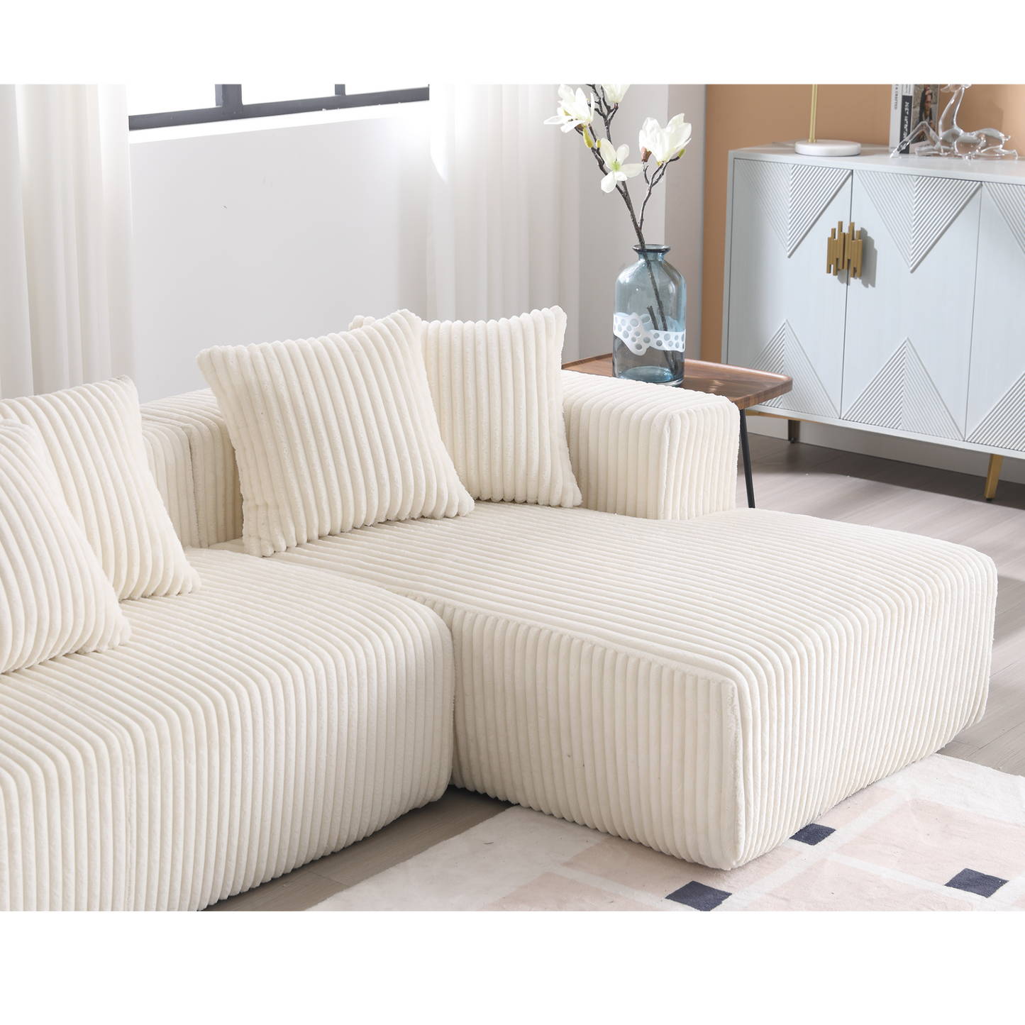 131'' Modular Sectional Couch, U-shaped sofa , Chaise Lounge, Striped fabric,Upholstered 4 Seater Couch for Living Room, Bedroom, Free Combination Sofa (Corduroy),White