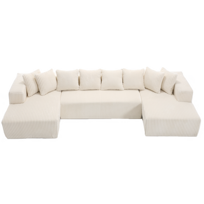 131'' Modular Sectional Couch, U-shaped sofa , Chaise Lounge, Striped fabric,Upholstered 4 Seater Couch for Living Room, Bedroom, Free Combination Sofa (Corduroy),White
