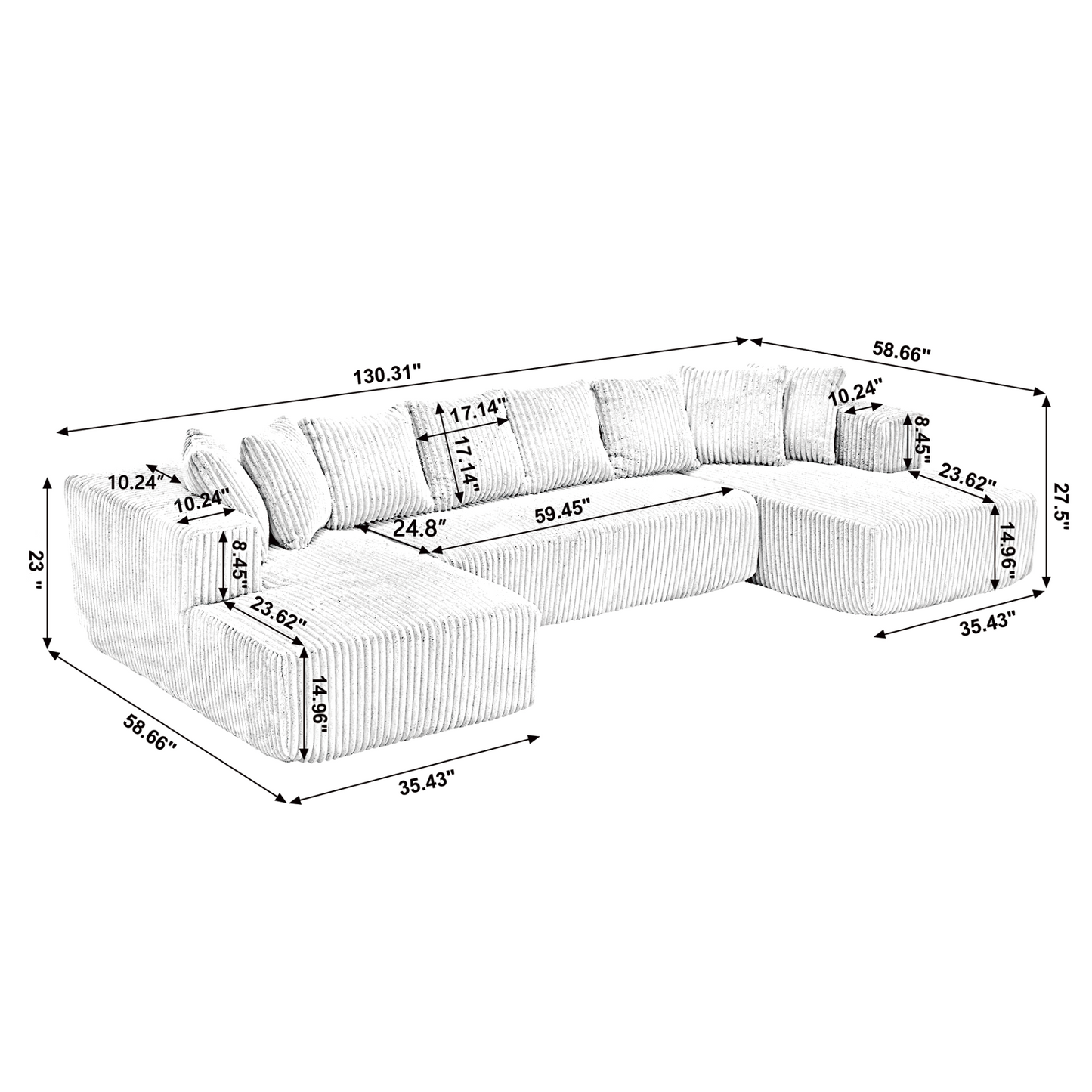 131'' Modular Sectional Couch, U-shaped sofa , Chaise Lounge, Striped fabric,Upholstered 4 Seater Couch for Living Room, Bedroom, Free Combination Sofa (Corduroy),White